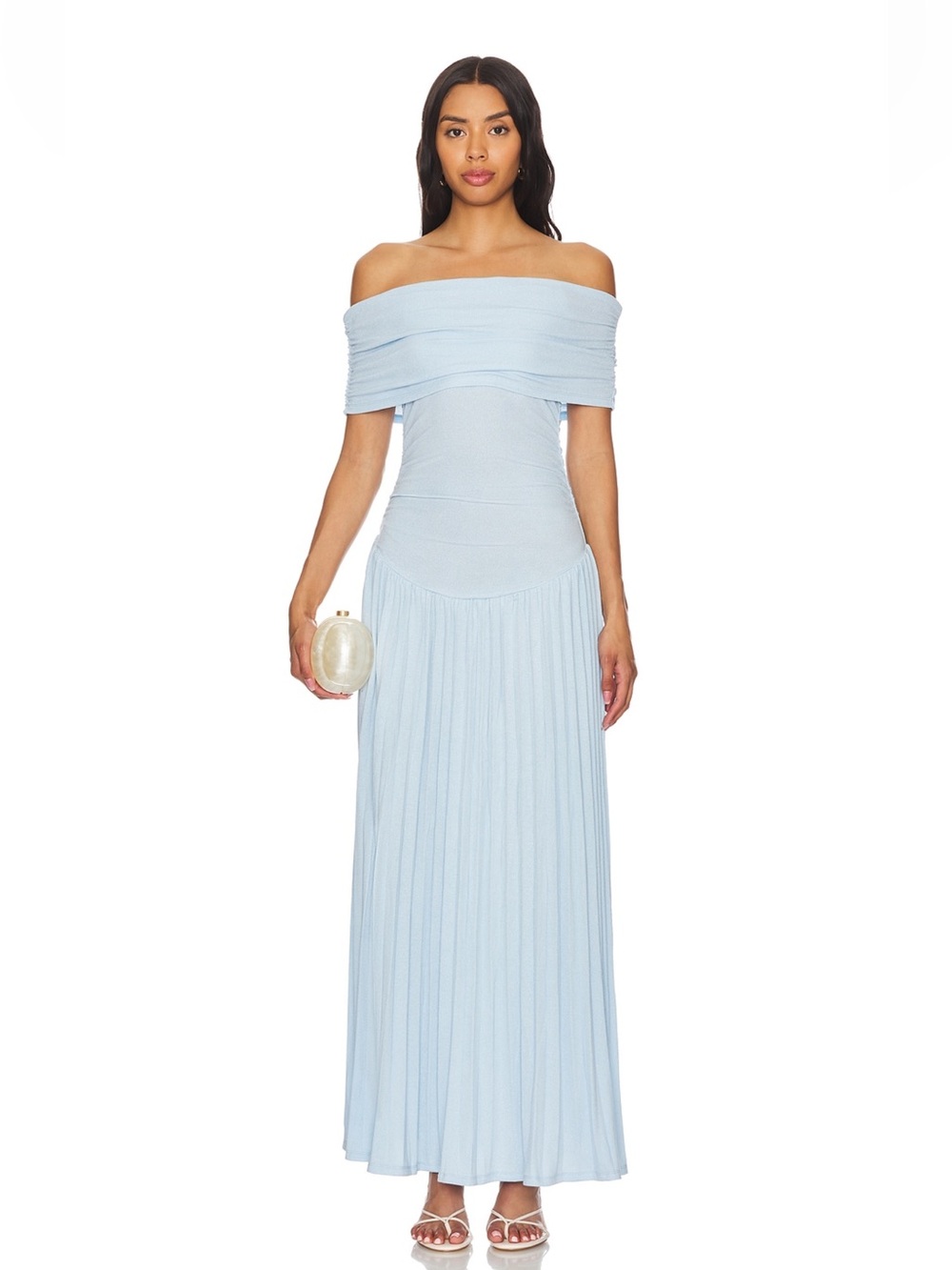Lioness Off-Shoulder Pleated Maxi Dress in Light Blue